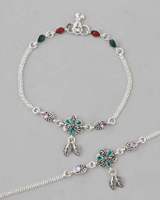 VOJ Set of 2 Traditional Stone Studded Flower Shaped Anklet - Swadesiicart