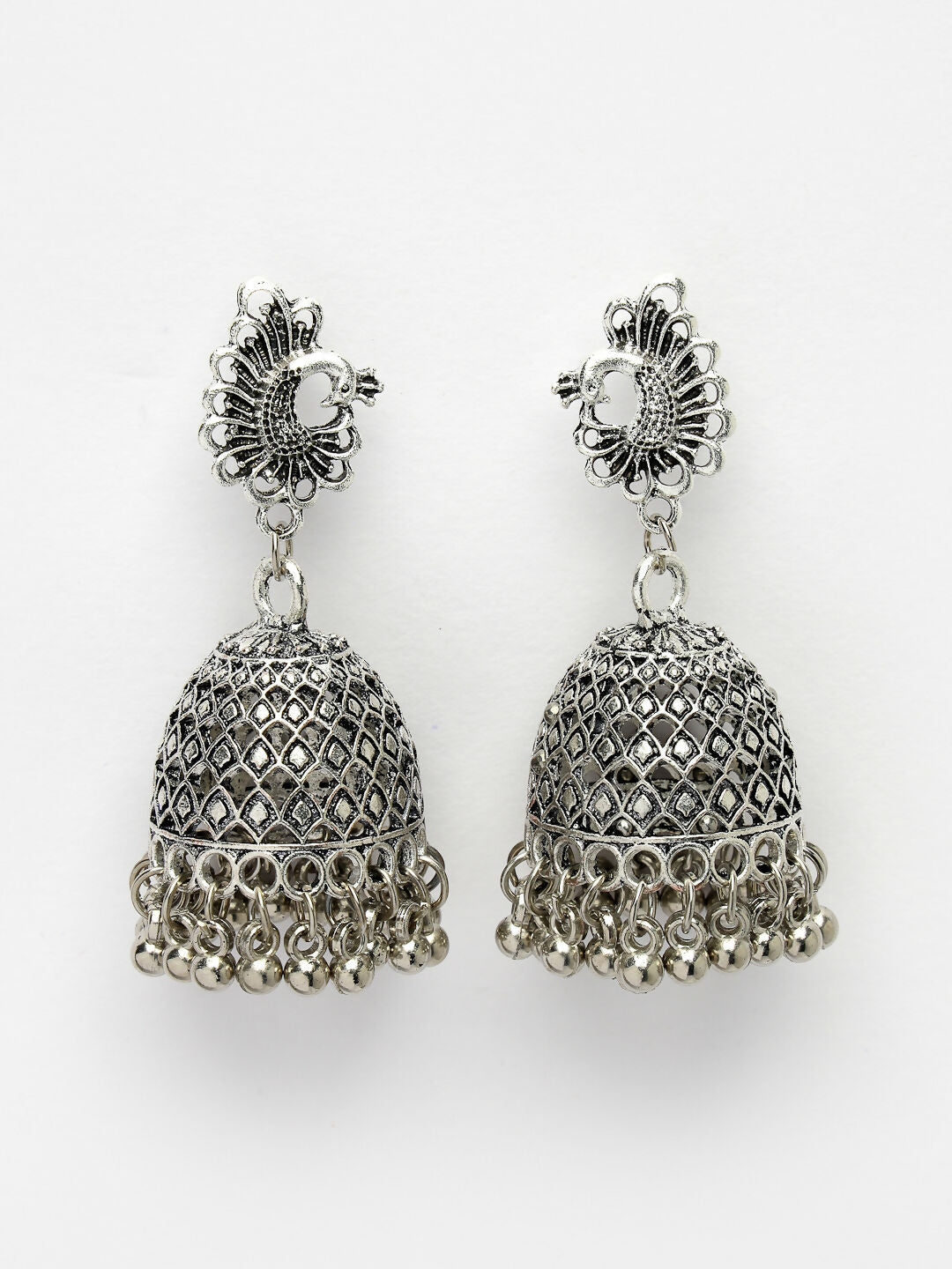 NVR Women's Silver-Toned Peacock Design German Silver Oxidised Dome Shaped Jhumka Earrings | Swadesiicart