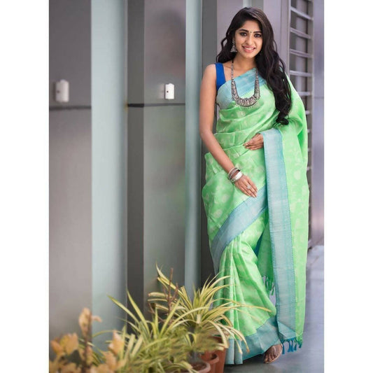 DEIANA'S Beautiful Designer Golden zari Soft Lichi Silk Saree - Pista - Swadesiicart