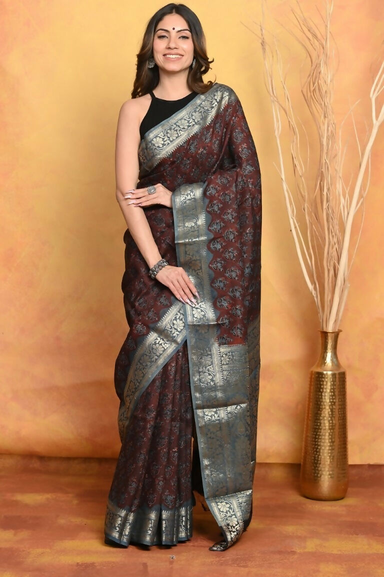 Very Much Indian Modal Silk Ajrakh Handblock Printed Natural Dyes With Designer Border Saree - Dark Maroon | Swadesiicart