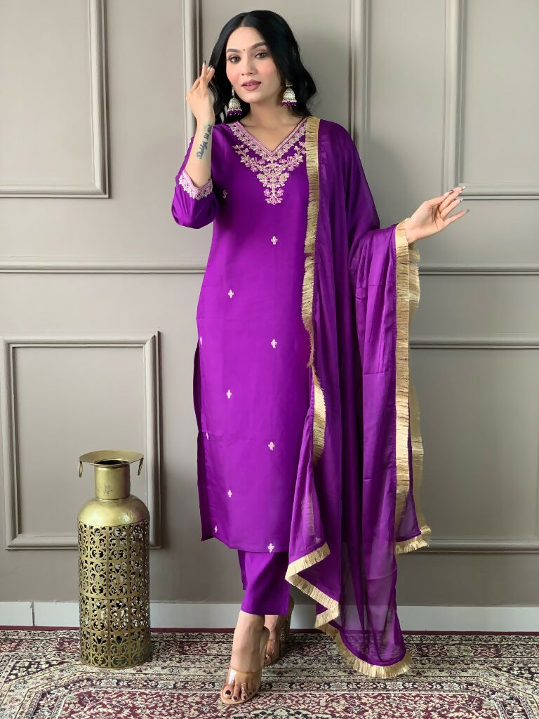 Partywear Designer Viscose Chanderi Wine Stitched Suit With Dupatta - Tanisha | Swadesiicart