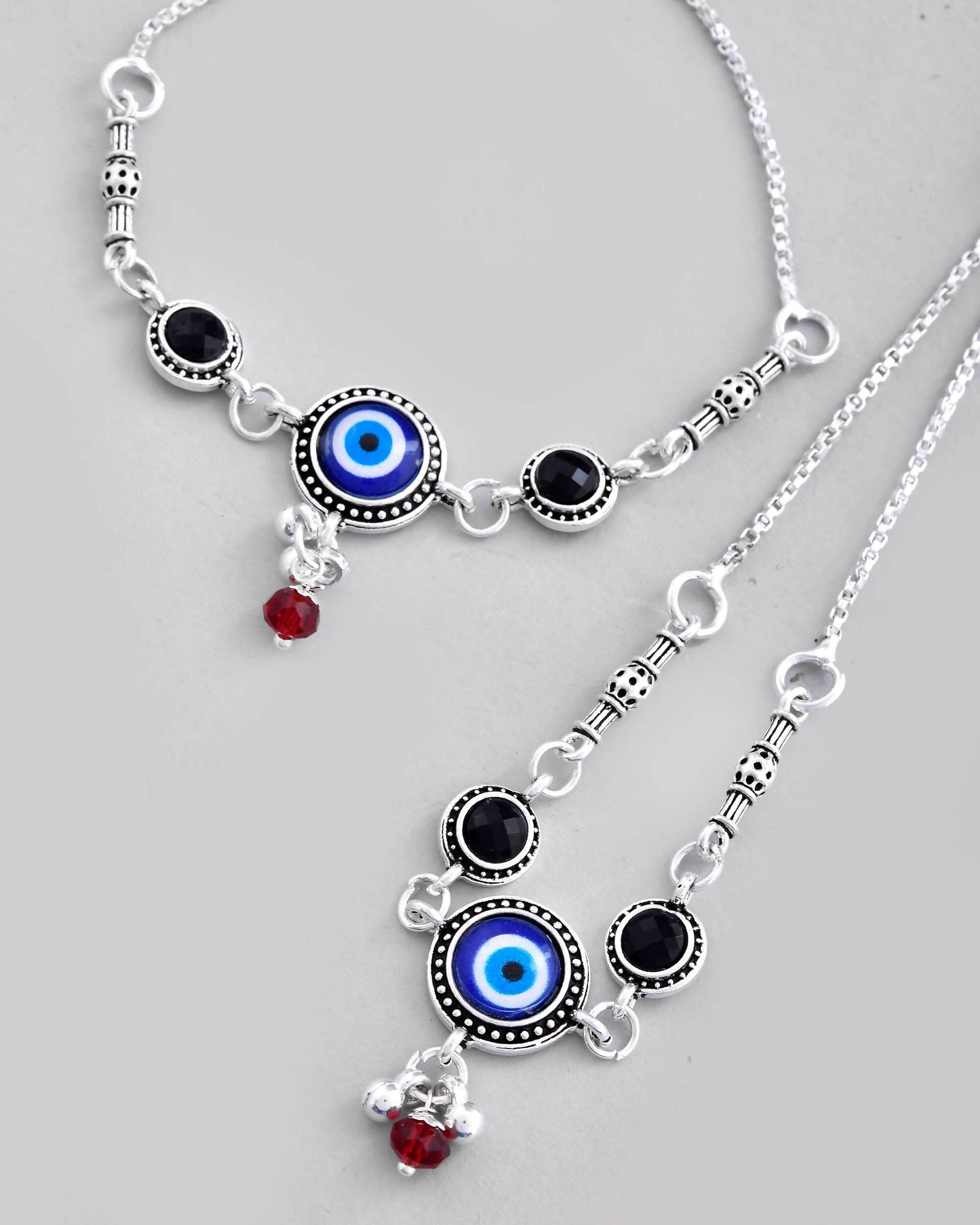 VOJ Set of 2 Silver Plated Evil Eye HandCrafted Adjustable Anklet - Swadesiicart
