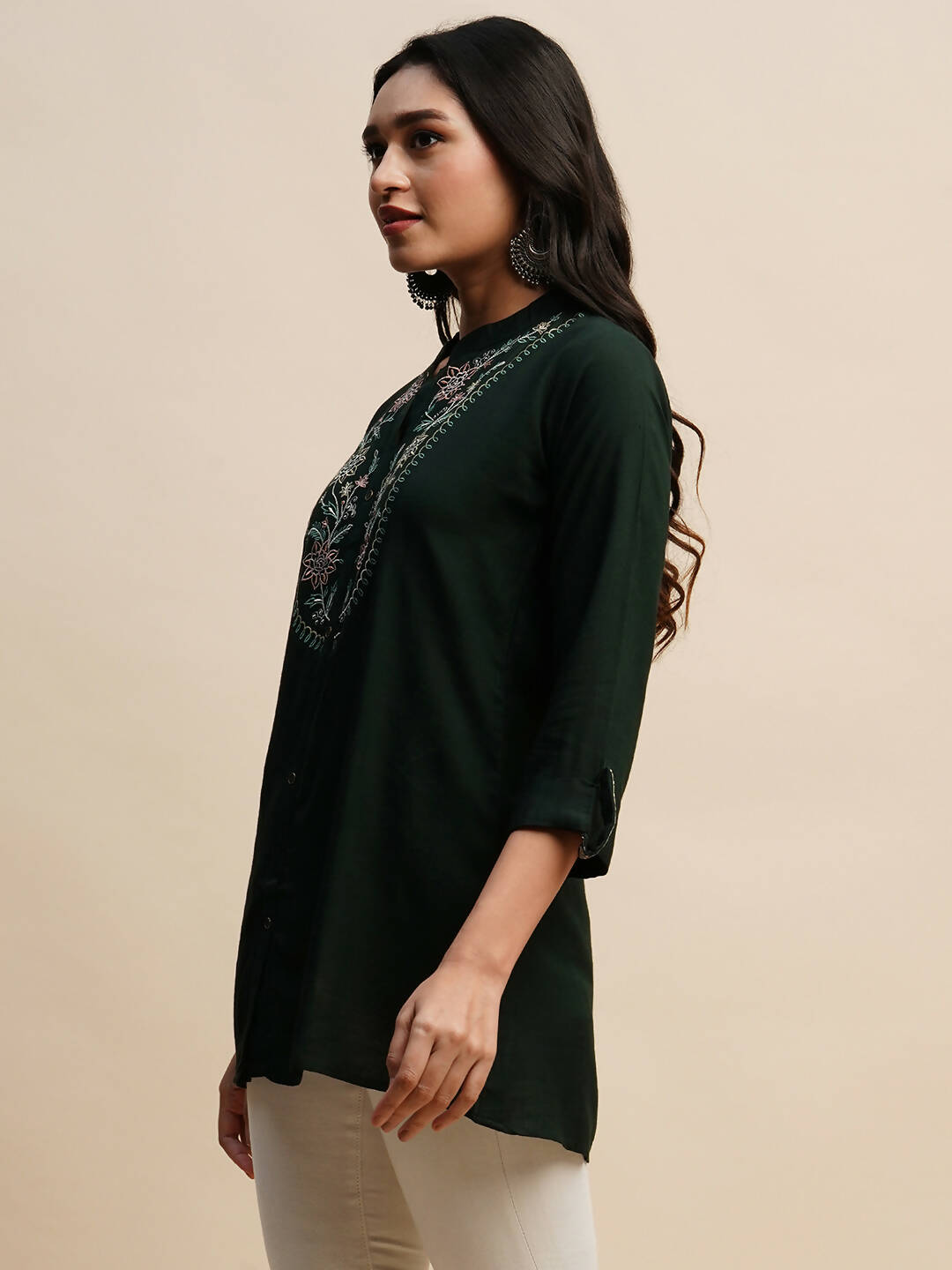 Dark Green Rayon Embroidered Top - Tarini - Swadesiicart