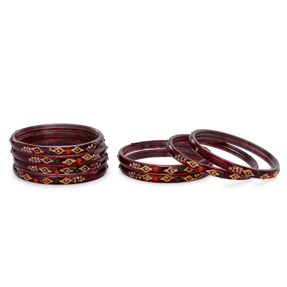 Afast Designer Fancy Party Bangle/ Kada Set, Maroon, Glass, Pack Of 8 - Swadesiicart