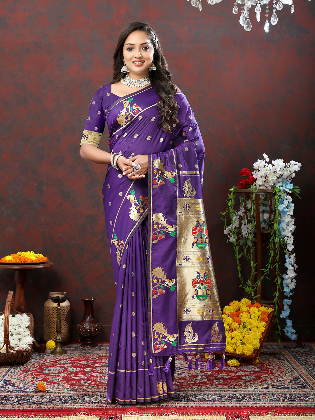 Lorenvalley Fashion Purple Soft Paithani Silk Woven Design Gold Zari Meenakari Weaving Saree - Swadesiicart
