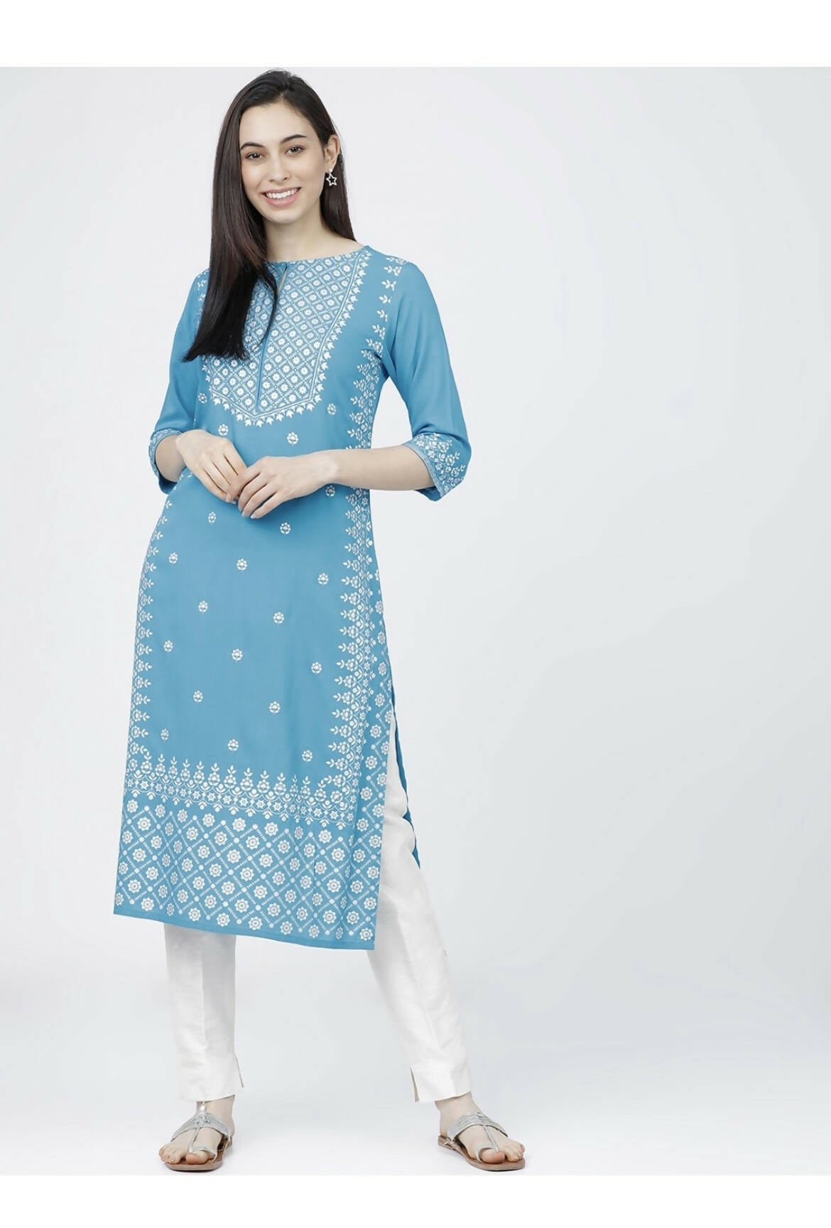Indian Clothing Cheera Embellished Daily Wear Cotton Blend Kurta - Sky Blue - Swadesiicart