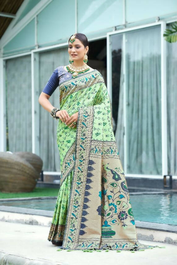 Vishnu Weaves Women's Pista Paithani Patola Silk Zari Woven Saree with Unstitched Blouse - Swadesiicart