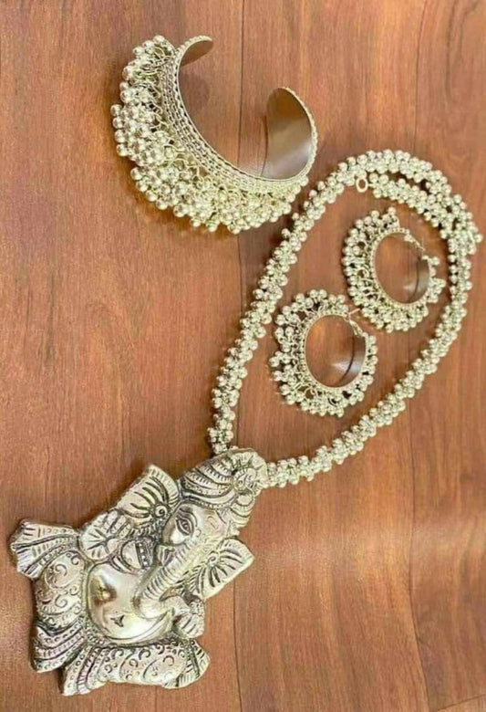 Mominos Fashion Johar Kamal Silver-Plated Brass Finish Ganesha Long Neckalce Combo Set For Women - Mominos Fashion