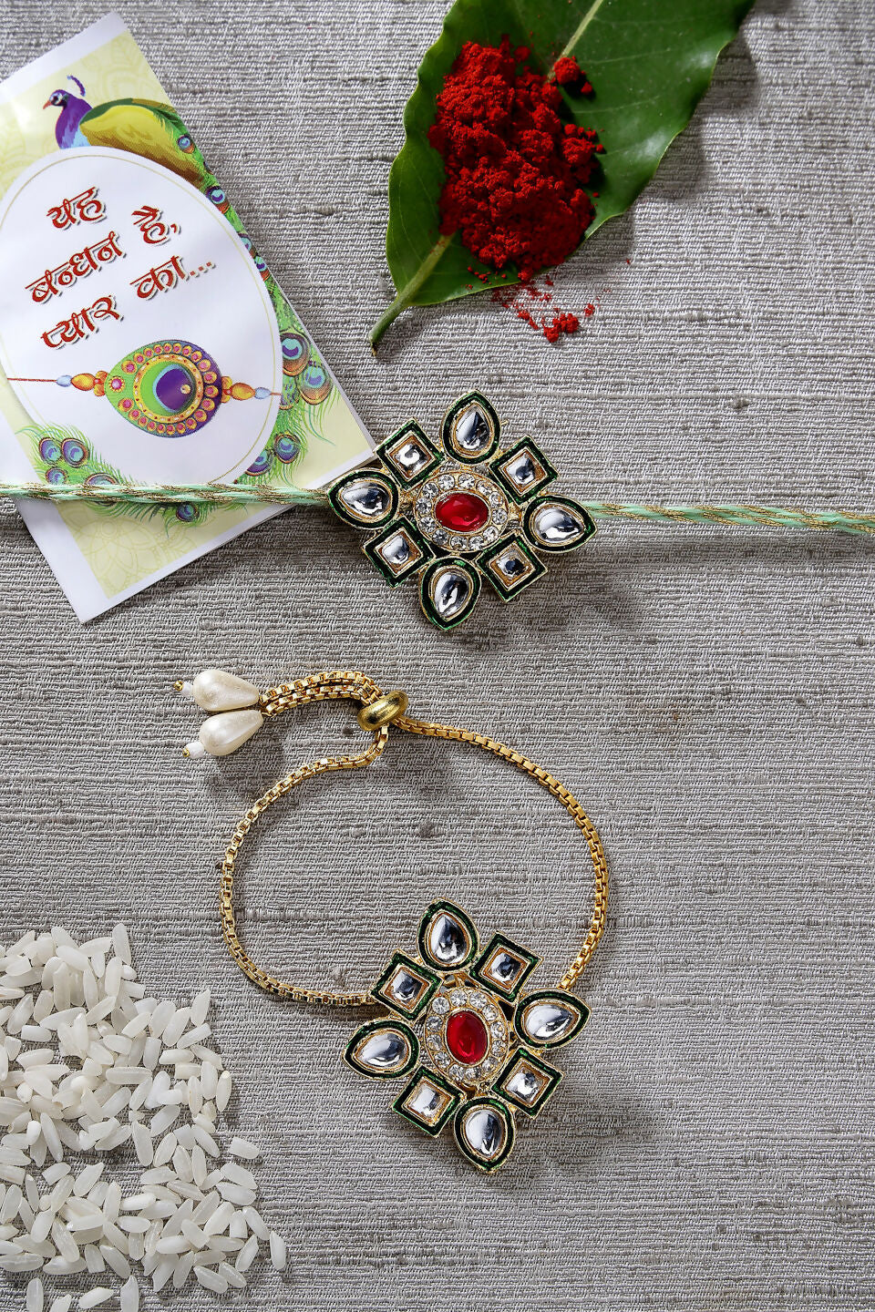 NVR Women & Men Set of 2 Gold Kundan-Studded Handcrafted Wraparound Rakhi Set With Roli Chawal | Swadesiicart