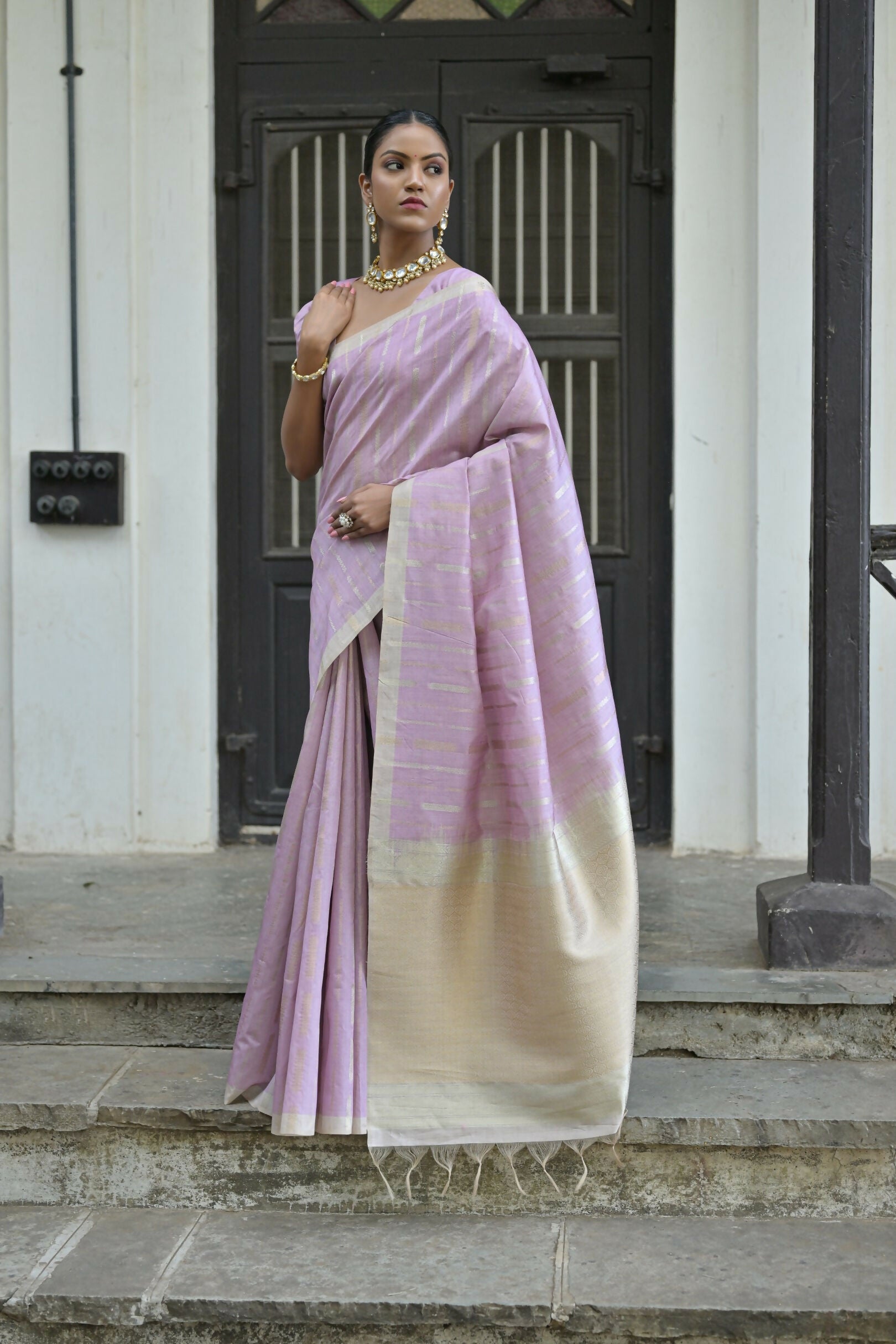 Vishnu Weaves Women's Purple Premium Tussar Silk Saree with Blouse - Swadesiicart