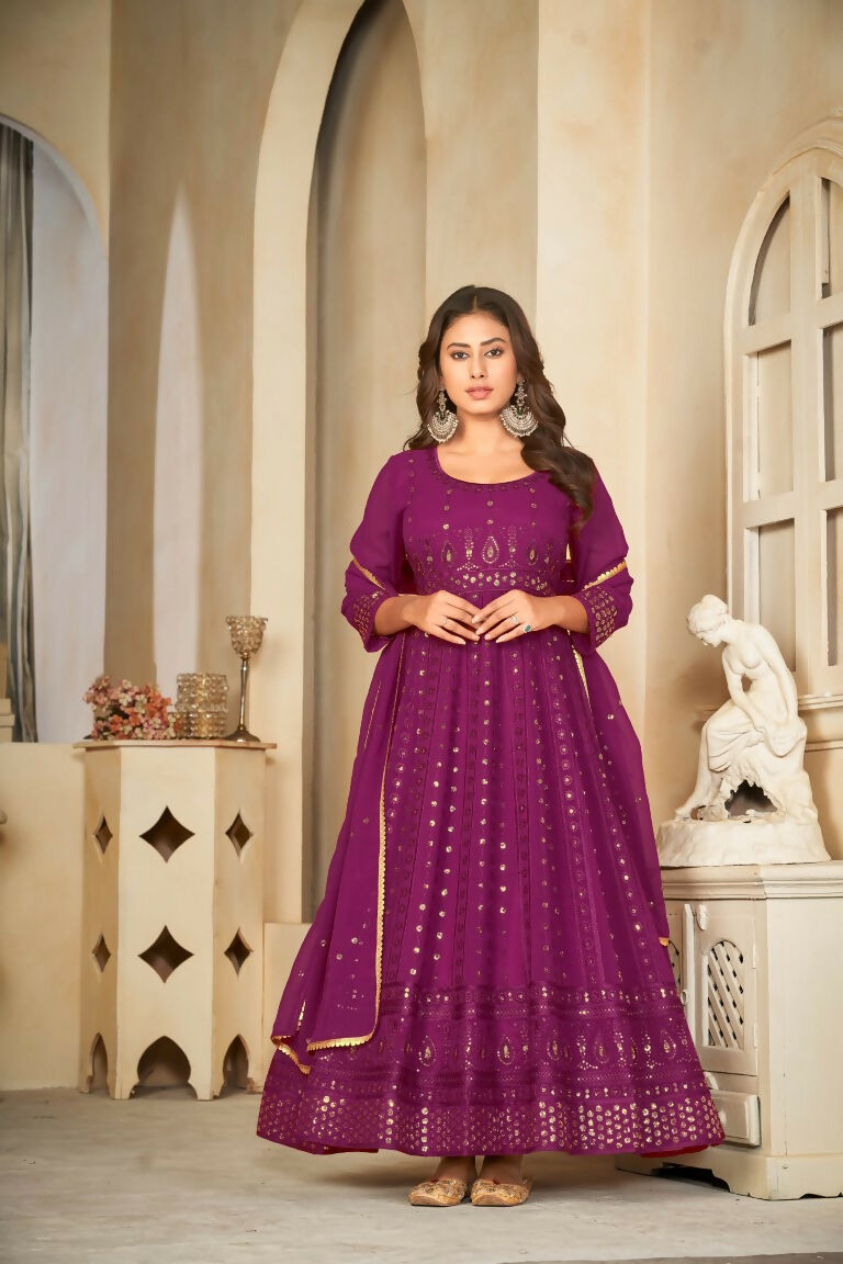 Jyoti Fashion Women's Wine Georgette Embroidered Anarkali Kurta Pant Set With Dupatta | Swadesiicart