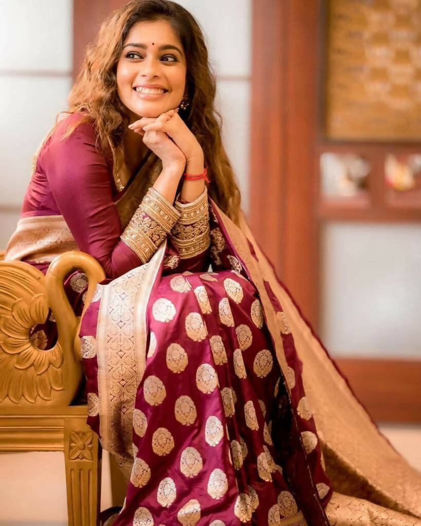 DEIANA'S Beautiful Designer Golden zari Soft Lichi Silk Saree - Maroon - Swadesiicart