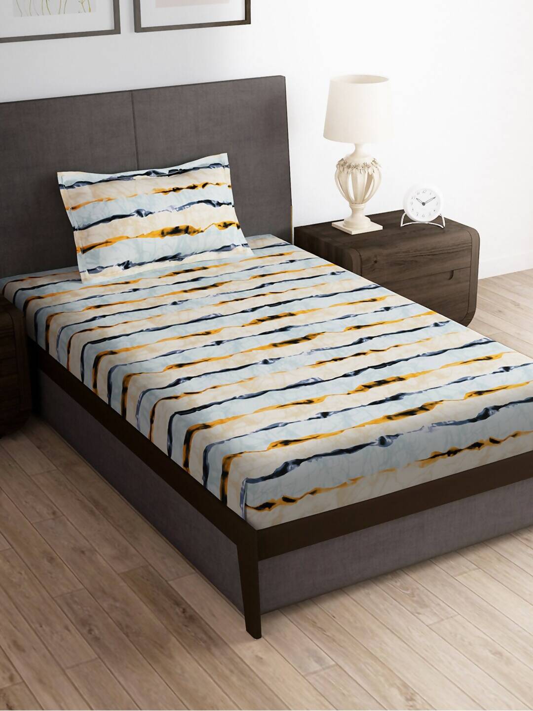 Story@home Arena Cream-Coloured & Grey Printed 180 TC Bedsheet & Pillow Covers - Swadesiicart