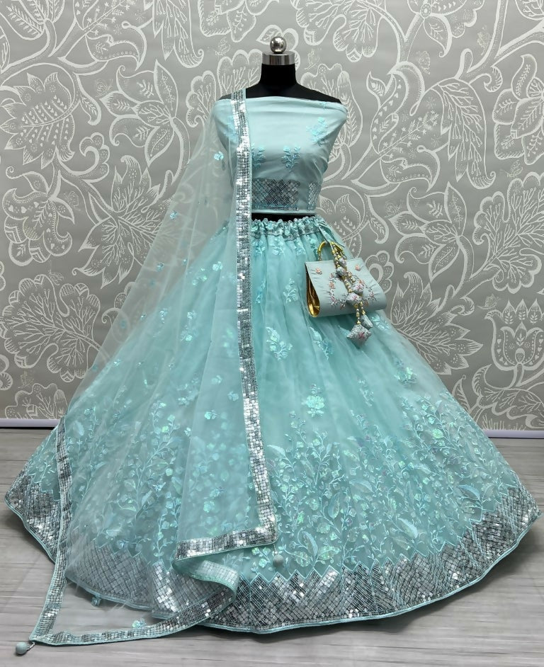 Jyoti Fashion Women's Sky Blue Bridal Net Fancy Sequins with Multi Thread Embroidered Wedding Lehenga Choli | Swadesiicart