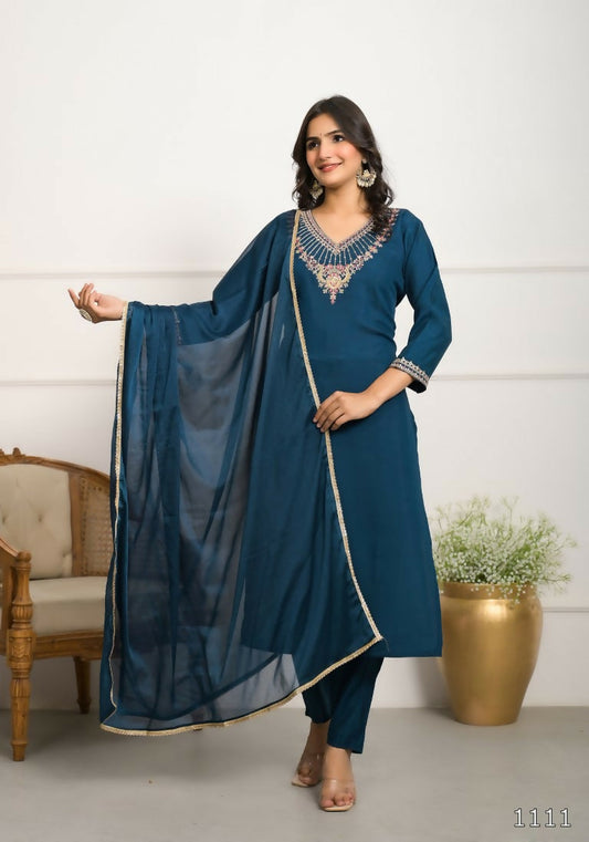 Festive Wear Ethnic Rama Viscose Chanderi Stitched Suit With Dupatta - Tanisha | Swadesiicart