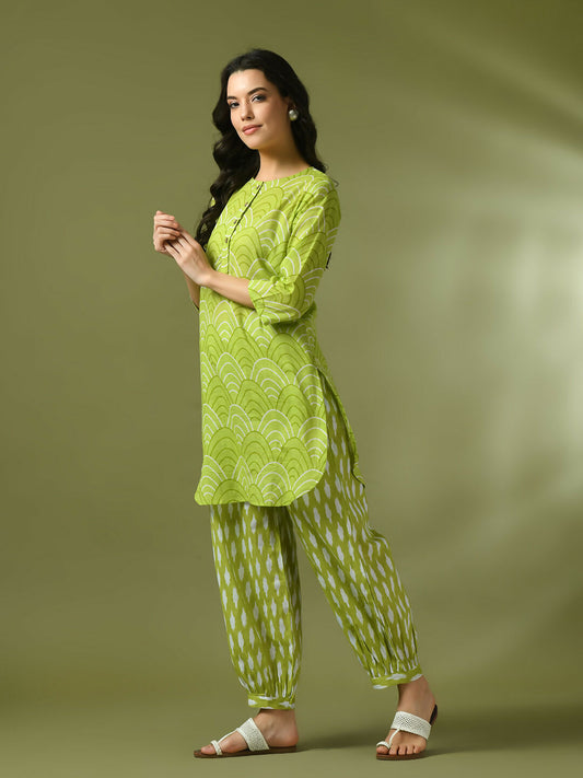 Myshka Women's Green Printed Cotton Round Neck Party Tunic With Trousers Co-ord set - Swadesiicart