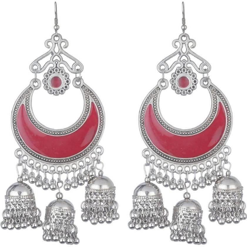 MS Fashion India Oxidized German Silver Cherry Red Chandbali Jhumkis Hook Earrings | Swadesiicart