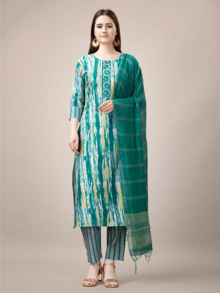 Jyoti Fashion Women's Teal Rayon Print with Embroidery & Fancy Lace Work Kurta with Trouser & Dupatta | Swadesiicart