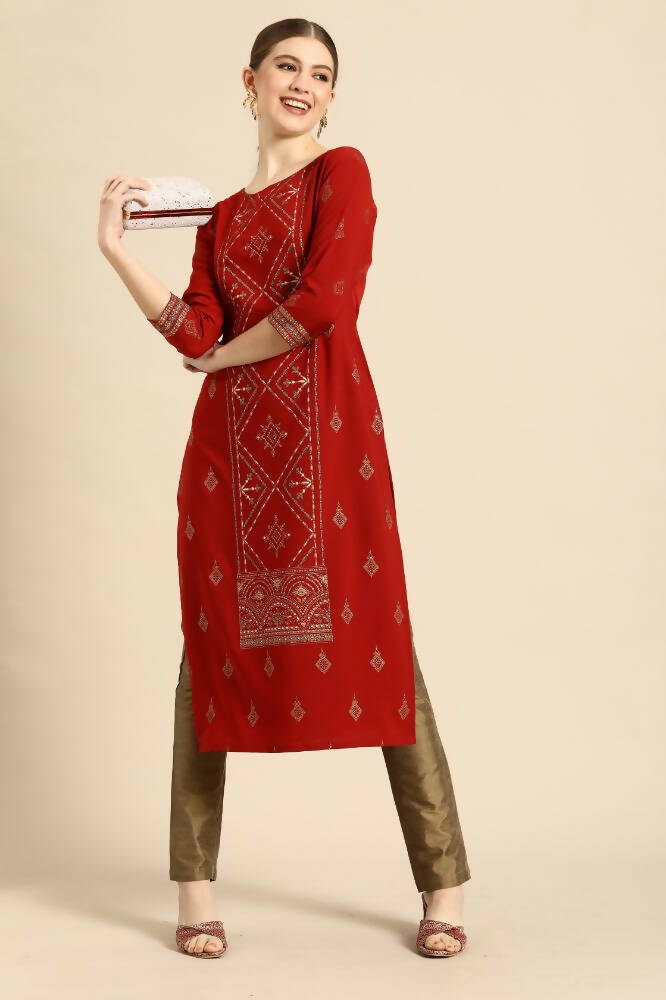 Janasya Women's Rust Crepe Ethnic Motifs Casual Straight Kurta | Swadesiicart