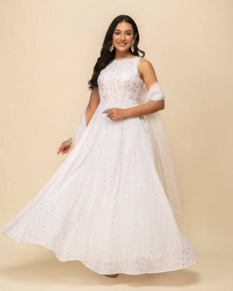 FIORRA Women's White Georgette Anarkali Kurta With Dupatta - Swadesiicart
