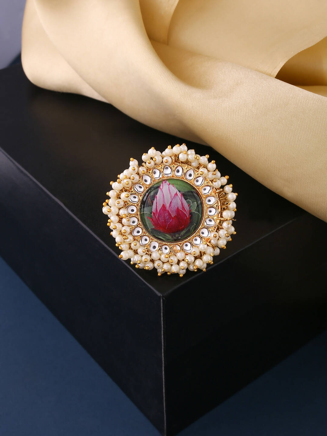NVR Women's Traditional Ethnic Kundan Meenakari Gold-Polished Ajustable Finger Ring | Swadesiicart