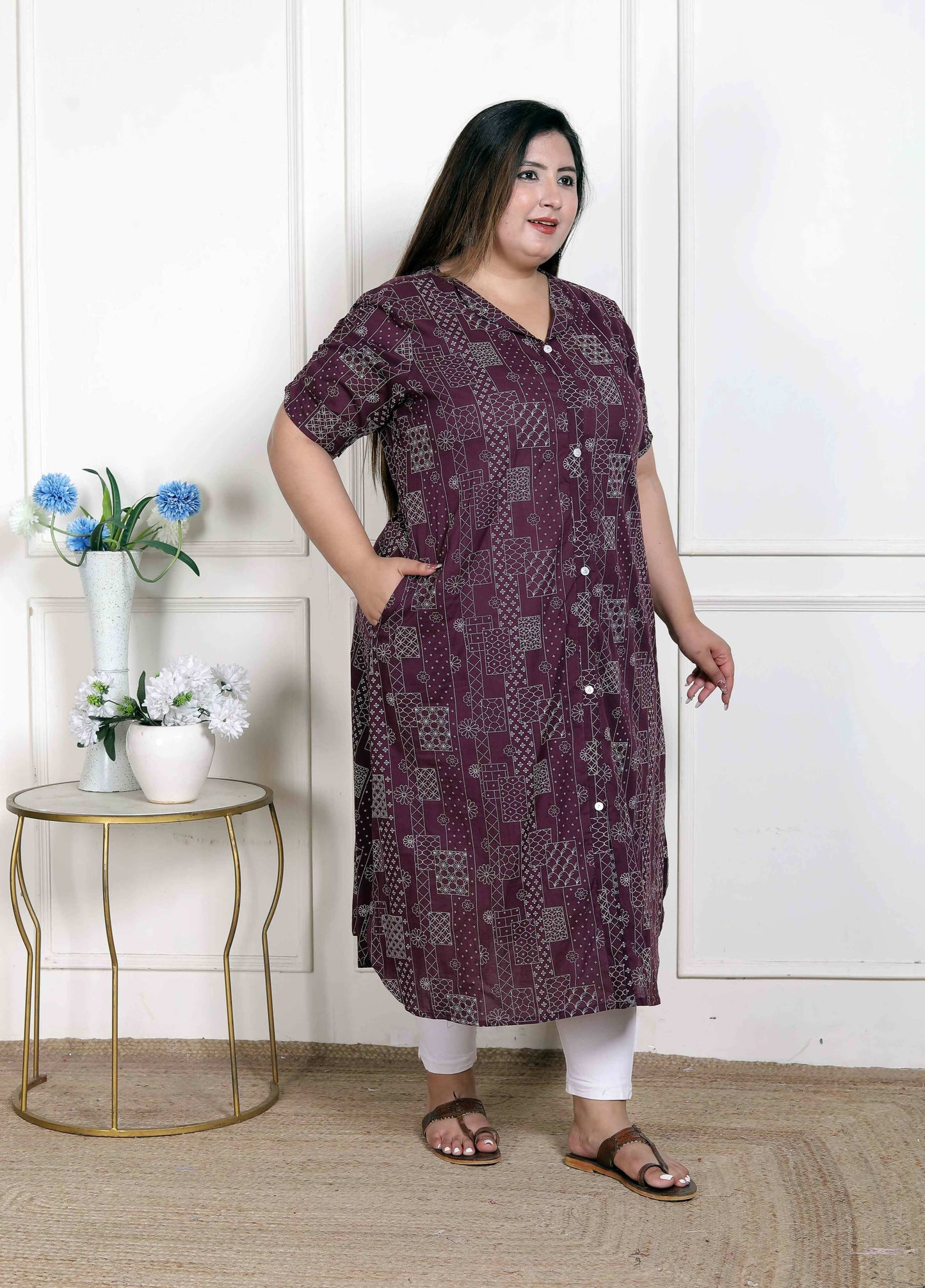 Miravan Women's Plus Size Wine Mandarin Neck Floral Printed A-Line Party wear Kurta - Swadesiicart