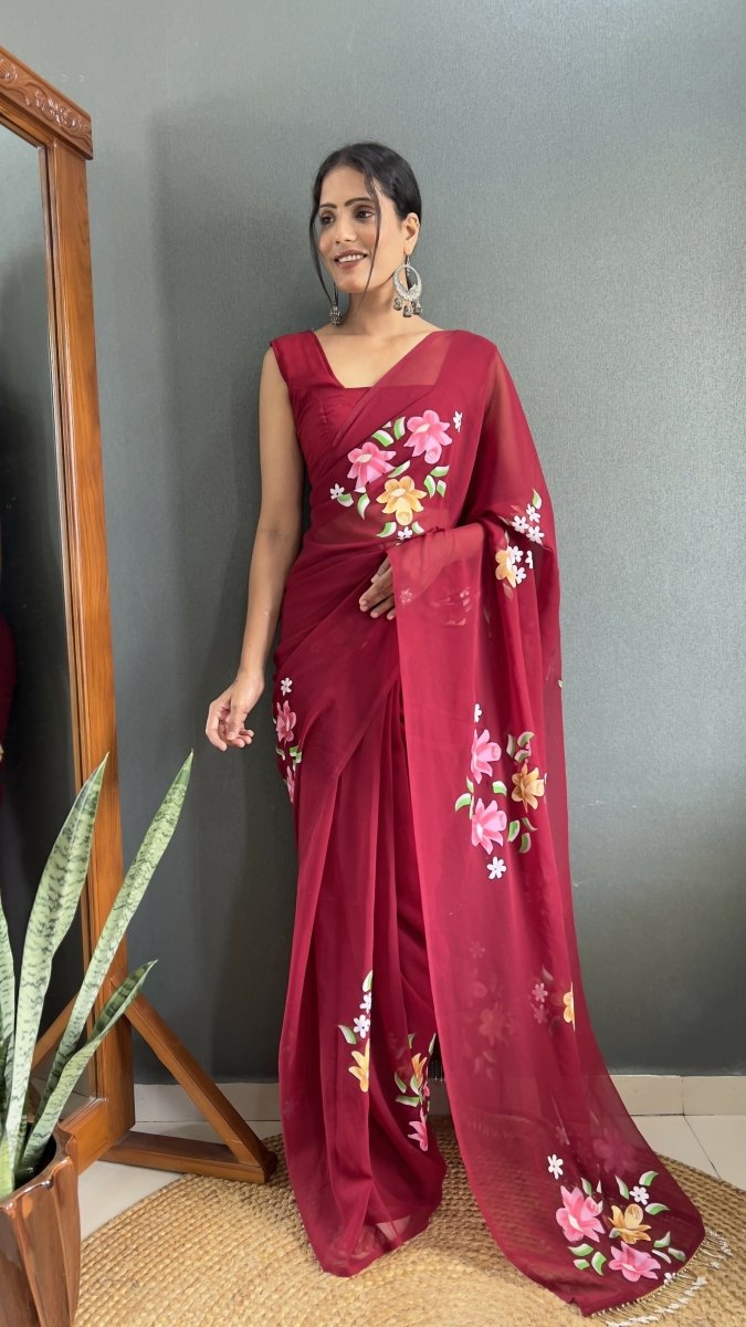 Aayaa Designer 1 min Hand Painted Ready to Wear saree - Maroon | Swadesiicart