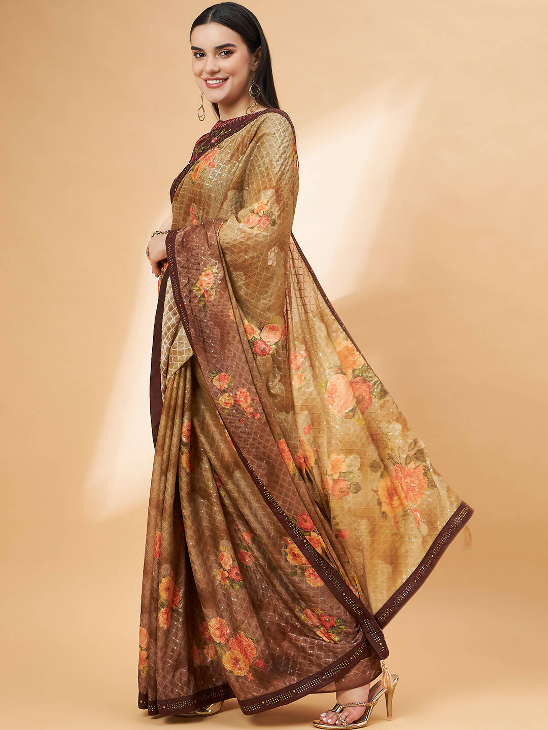 Beige Georgette Resham And Sequins Embroidery, Mukaish Studded Work Saree - Norita Hit Design - Swadesiicart