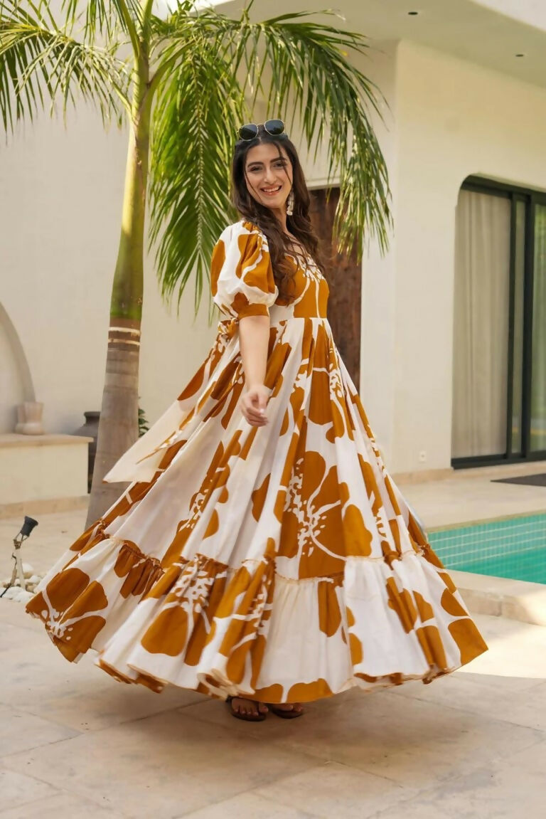 Aayaa Designer Cambric Cotton Printed Full Flaired Gown - Multi Color