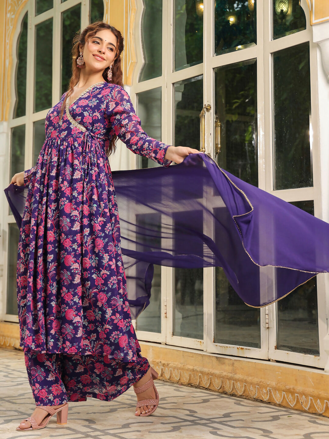 Janasya Purple Georgette Floral Kurta,Bottom & Dupatta | Swadesiicart
