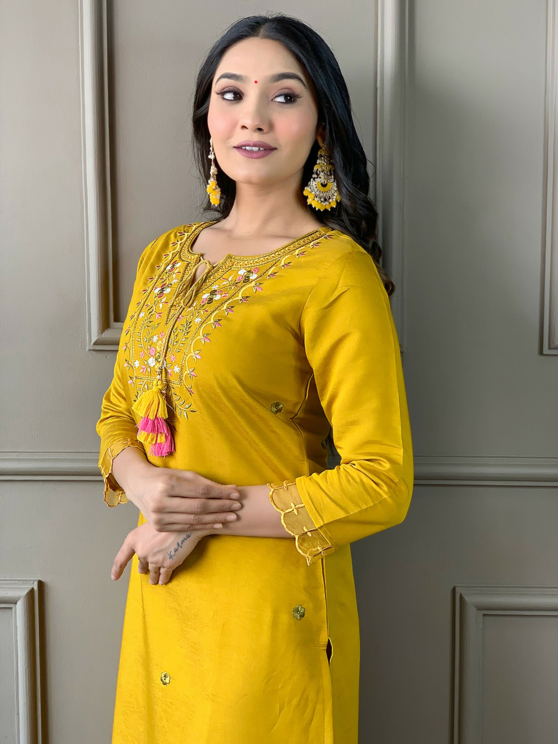 Partywear Designer Chanderi Mustard Stitched Suit With Dupatta - Tanisha | Swadesiicart