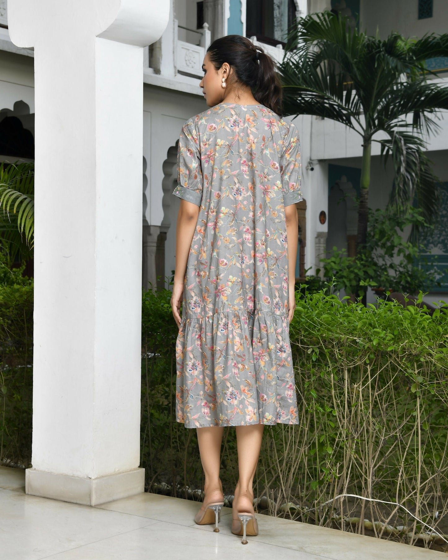 Vaasva Women's Grey Cotton Digital Printed Embroidered Placket Dress | Swadesiicart