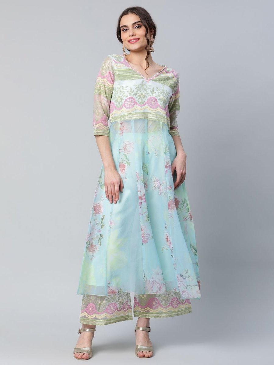 Ahalyaa Women Sea Green Organza Romantic Florals Kurta Palazzo Set | Swadesiicart