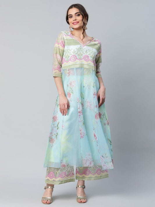 Ahalyaa Women Sea Green Organza Romantic Florals Kurta Palazzo Set | Swadesiicart