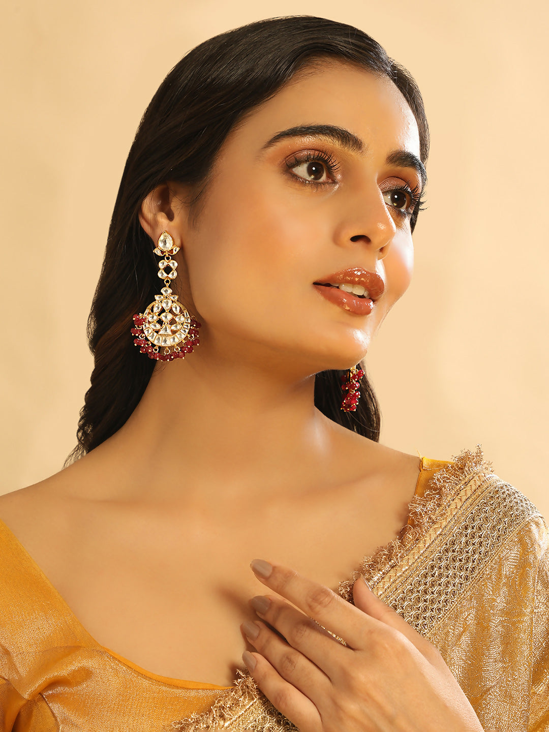 Nuyug 22K Gold Plated Serenoor Ruby Kundan Chandbali Earrings | Swadesiicart
