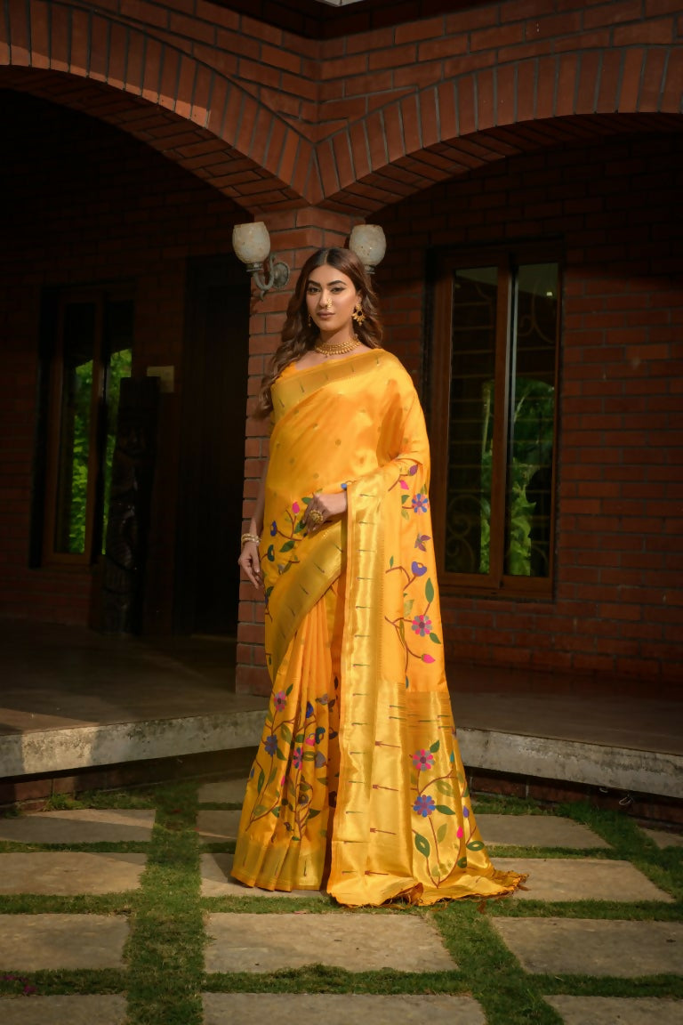 Jyoti Fashion Women's Yellow Paithani Silk Zari Woven Saree with Blouse | Swadesiicart