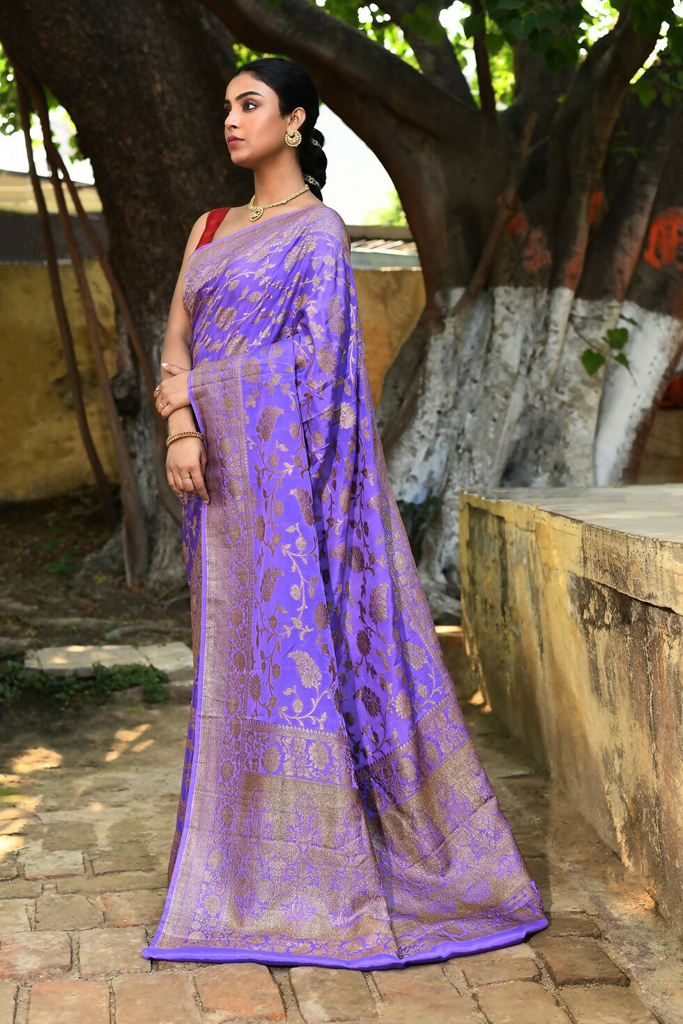 Joban Fashion Dark Lilac Crepe Chiffon Pure Handloom Banarasi Silk Saree | Swadesiicart