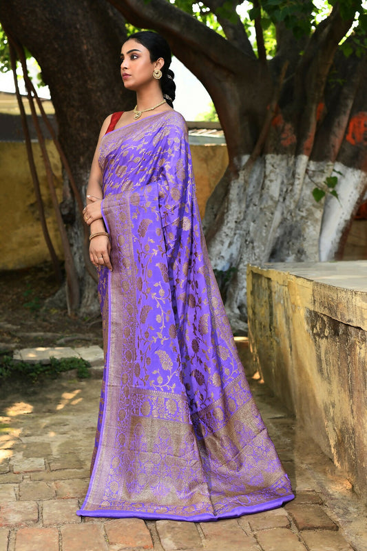 Joban Fashion Dark Lilac Crepe Chiffon Pure Handloom Banarasi Silk Saree | Swadesiicart