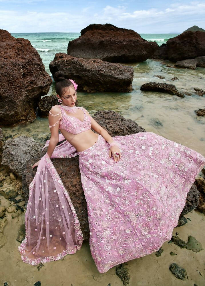 House of Panchhi Mauve Organza Sequins, Zarkan And Thread Embroidery Lehenga Choli & Dupatta | Swadesiicart