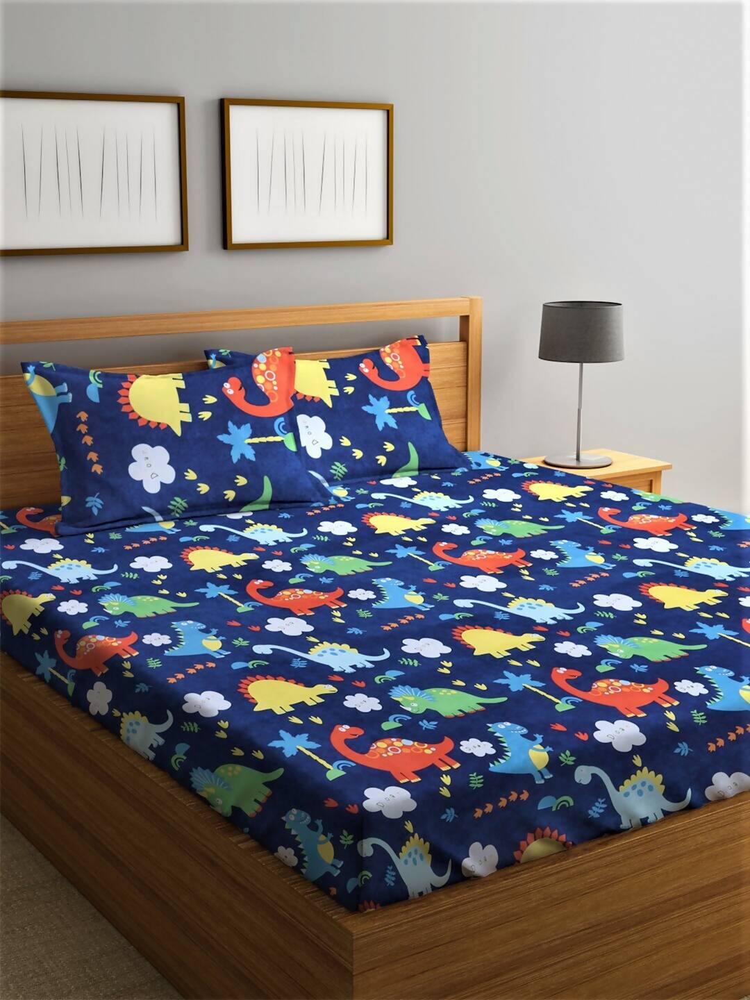 Home Sizzler Blue & Red Cartoon Characters 210 TC Bedsheet with Pillow Cover - Swadesiicart