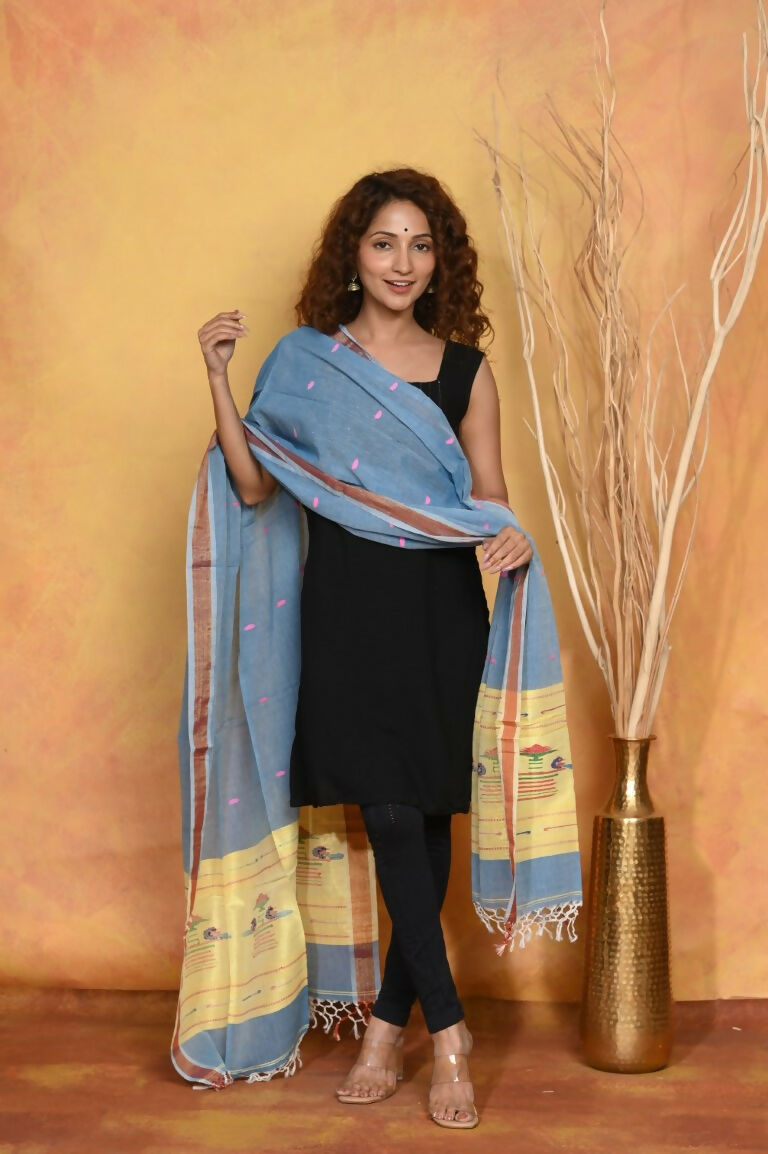 Very Much Indian Handloom Pure Cotton Paithani Dupatta - Powder Blue | Swadesiicart