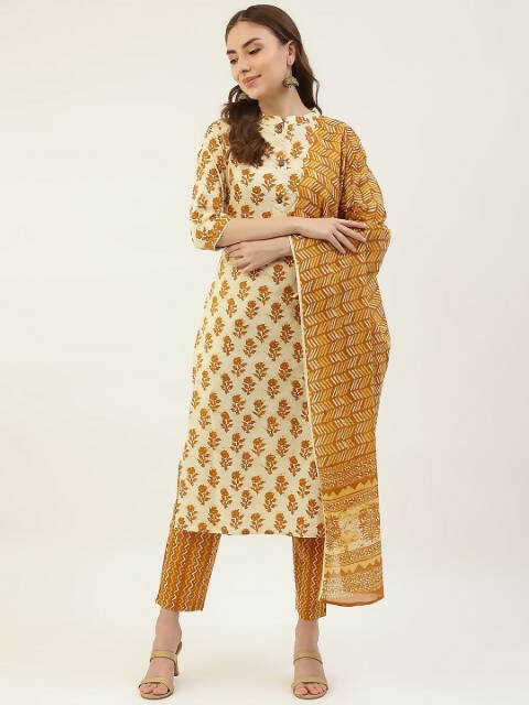 FIORRA Women's Yellow Cotton Straight Kurta Pant With Dupatta - Swadesiicart