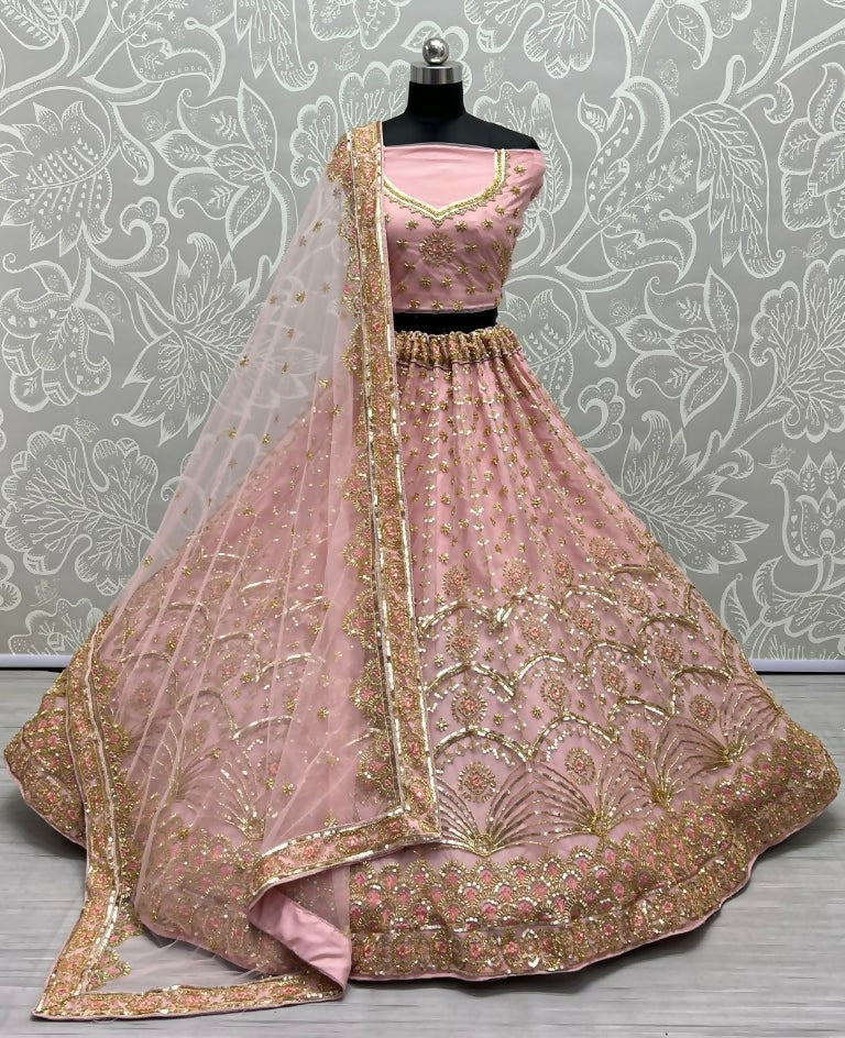 Jyoti Fashion Women's Pink Bridal Net Fancy Sequins with Multi Thread Embroidered & Handwork Wedding Lehenga Choli | Swadesiicart