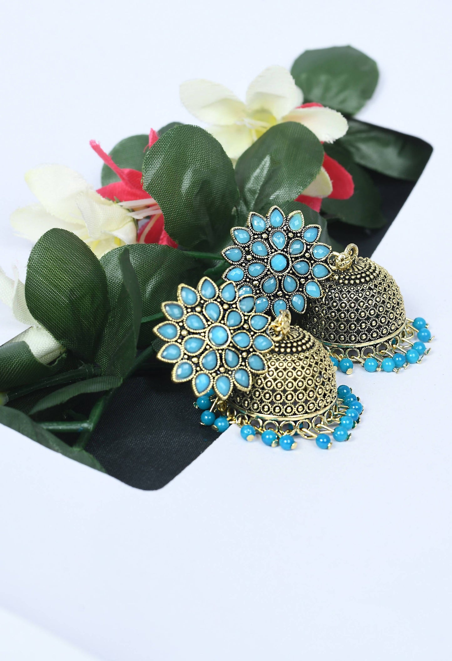 Mominos Fashion Johar Kamal Beautiful Kundan Work Jhumka With Sky Blue Beads - Swadesiicart