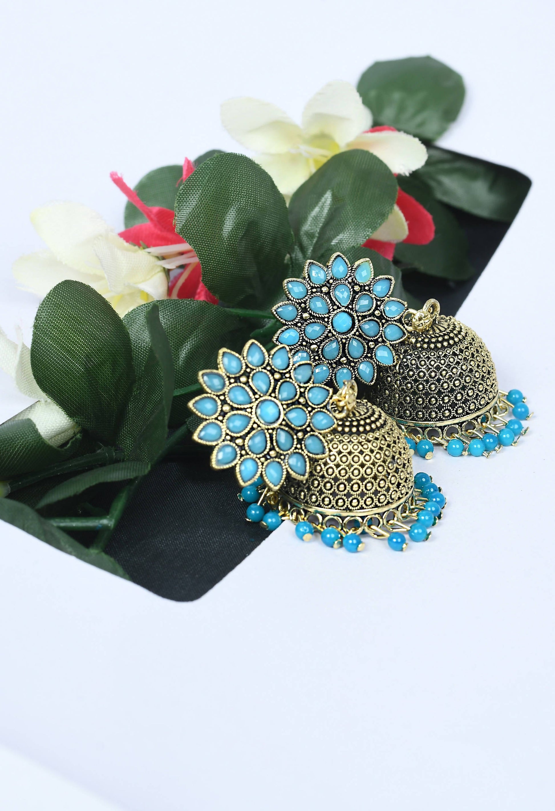 Mominos Fashion Johar Kamal Beautiful Kundan Work Jhumka With Sky Blue Beads - Swadesiicart