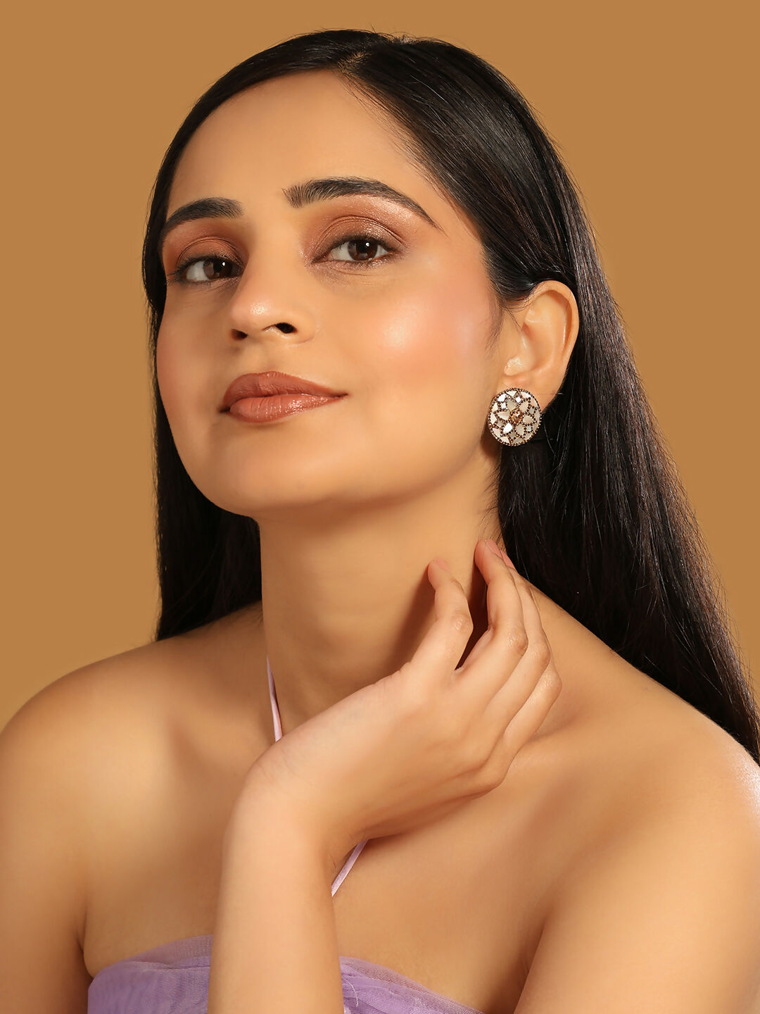 Nuyug 22K Gold Plated Mother of Pearls and Stone Studded Contemporary Floral Shaped Studs | Swadesiicart