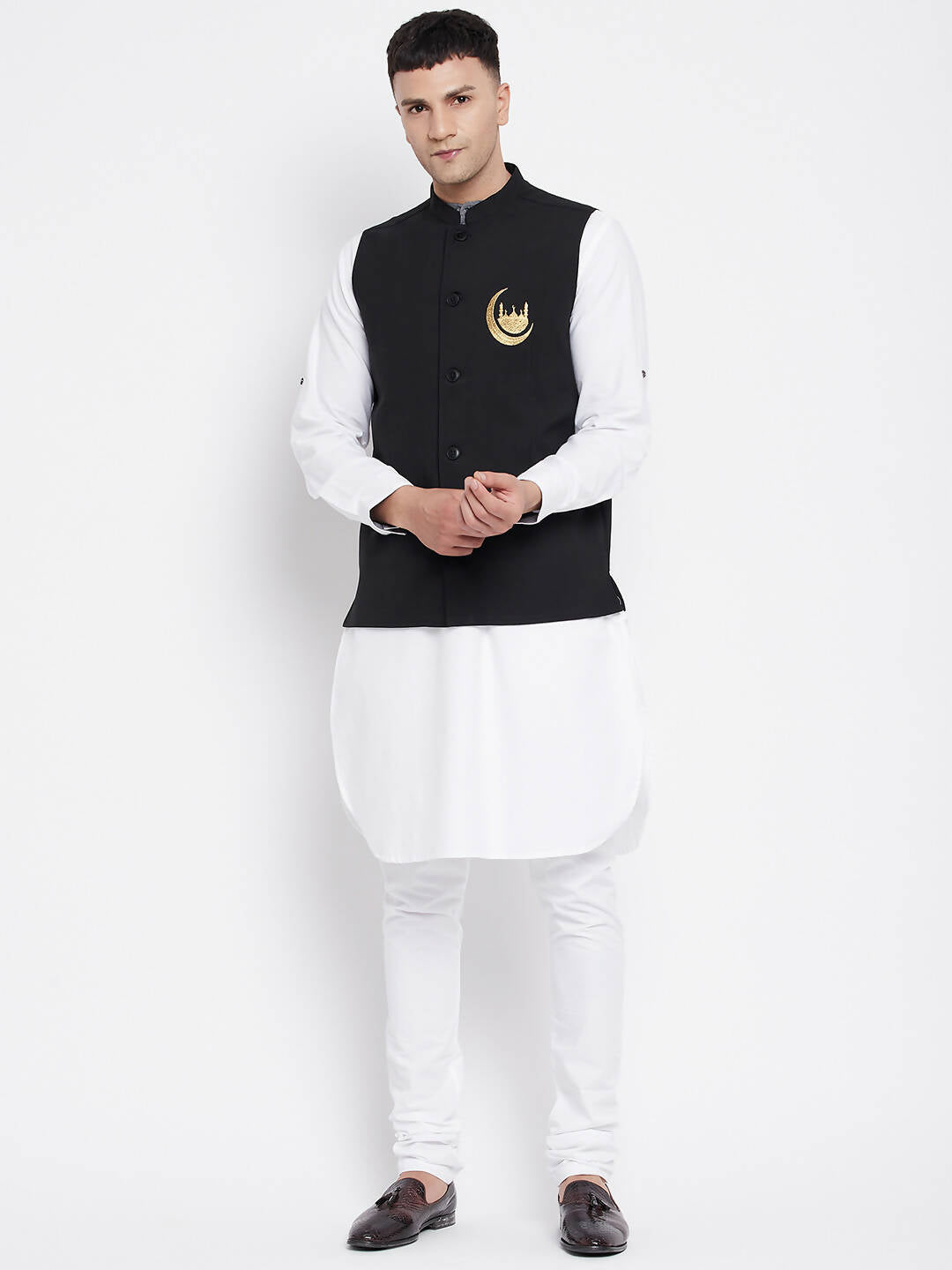 Even Apparels Black Pure Cotton Nehru Jacket With Eid Insignia NJ-PW668-CHA | Swadesiicart