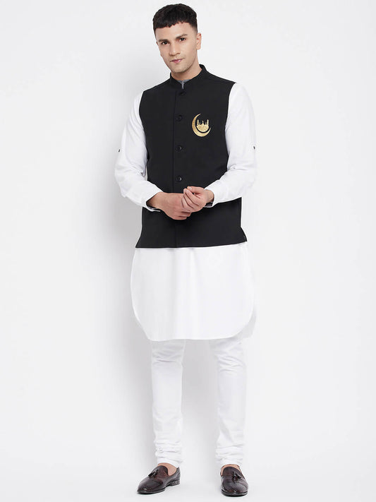 Even Apparels Black Pure Cotton Nehru Jacket With Eid Insignia NJ-PW668-CHA | Swadesiicart