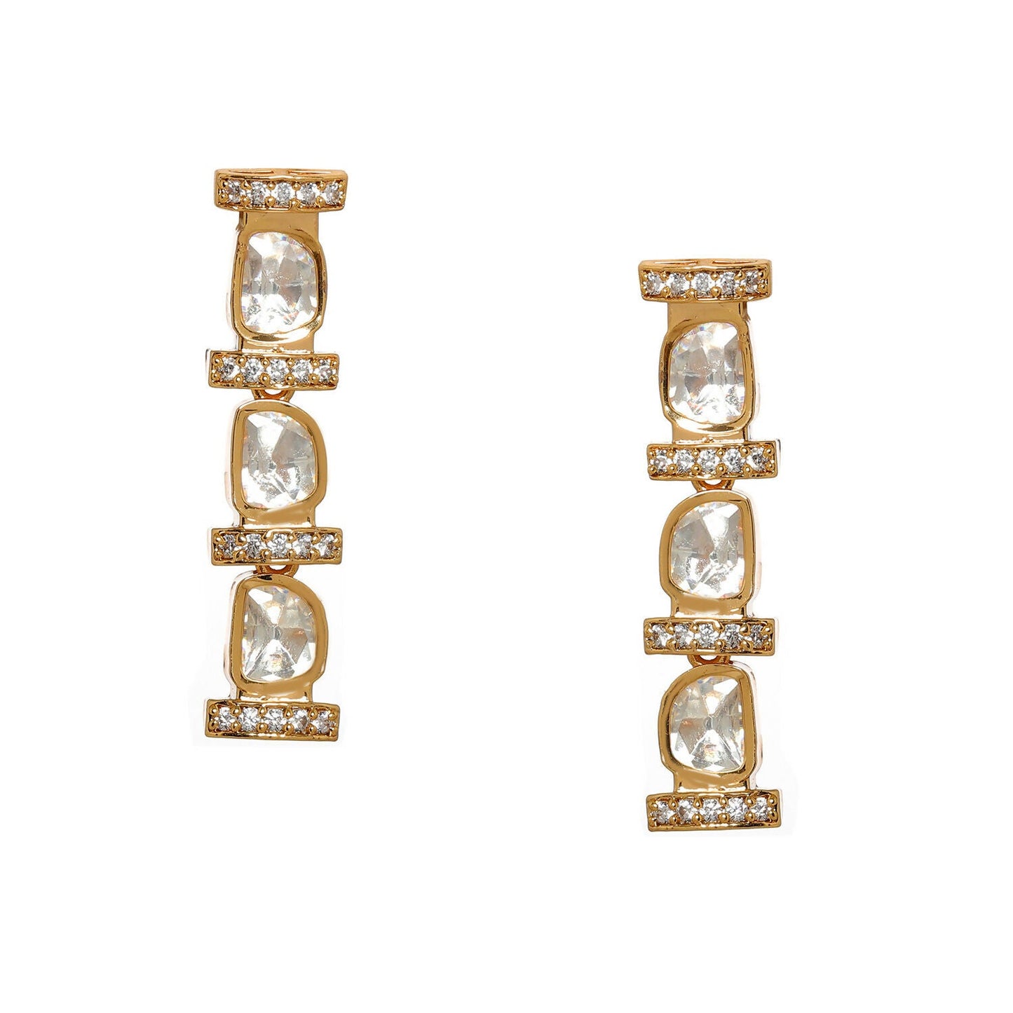 Long Kundan and Diamond Earrings (Gold) - Ruby Raang - Swadesiicart