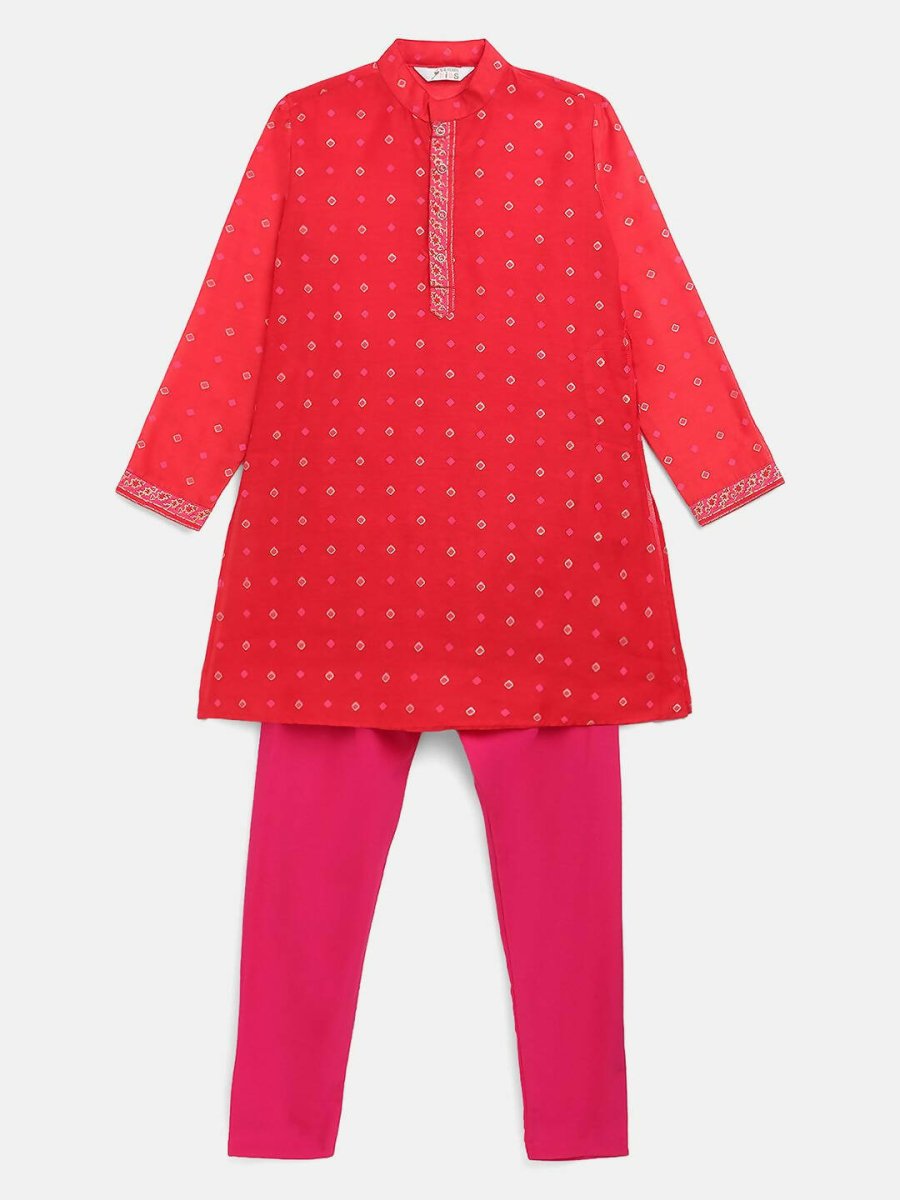 Ahalyaa Red Chnaderi Gold Khari Print Kids Kurta Churidar Set For Boys | Swadesiicart